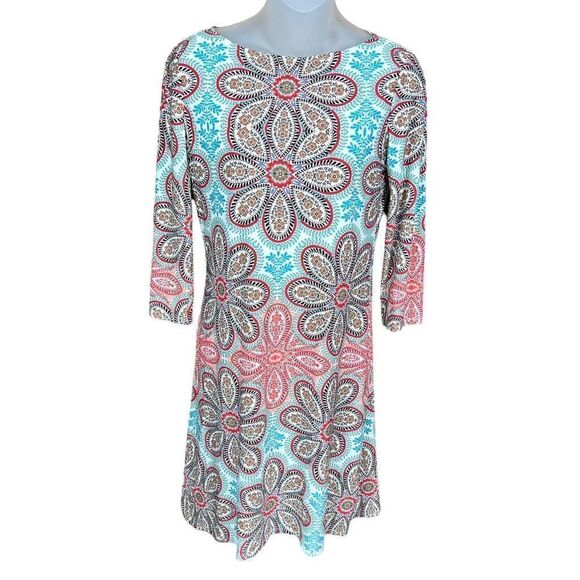 London Times Dress Tunic Aqua Orange Paisley Floral 3 Quarter Sleeves Size 4 - Picture 1 of 15